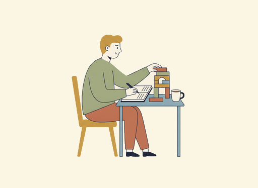 A person at a small desk, writing in an exercise book with one hand while stacking building blocks with the other