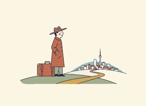 A traveller with a suitcase on a hill, looking down a long winding road toward a distant city