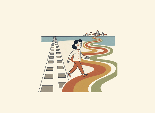 A learner stepping off a rigid straight path of identical stones onto one of several colourful winding paths that all lead to the same town